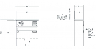 RENZ Briefkastenanlage Aufputz Quadra Kastenformat 370x330x145mm, mit Klingel - & Lichttaster und Vorbereitung Gegensprechanlage, 1-teilig, Renz Nummer 10-0-35937